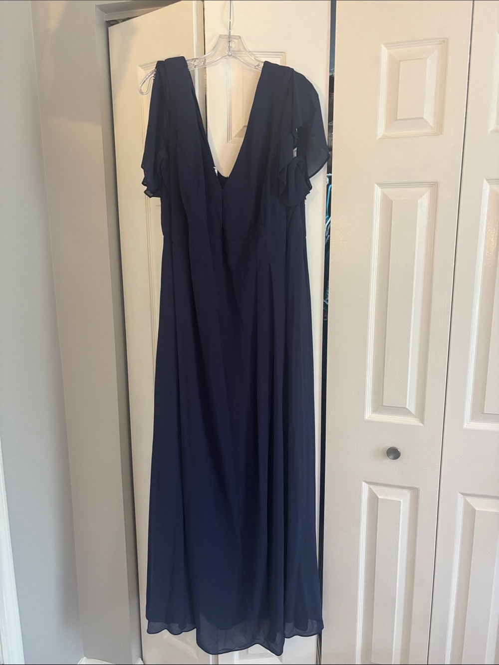 David's Bridal Navy V-Neck Flutter Sleeve Maxi Gown